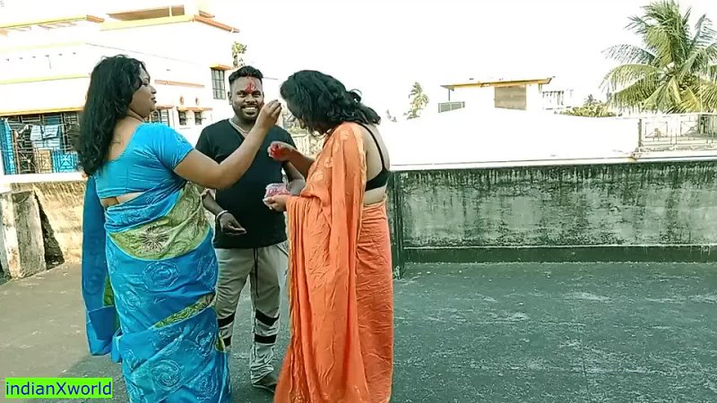 18yrs tamil boy fucking two beautiful milf bhabhis together at holi festival